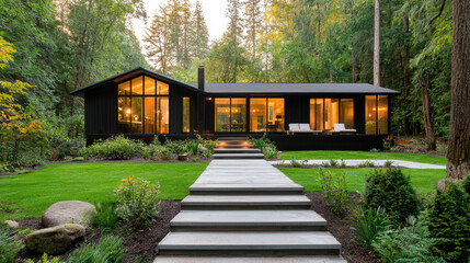 Private Ownership. A modern black house surrounded by greenery, featuring large windows and a stone pathway leading to the entrance.