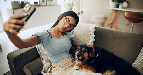 Relax, dog and selfie with woman on sofa for bonding, social media post and pet adoption....