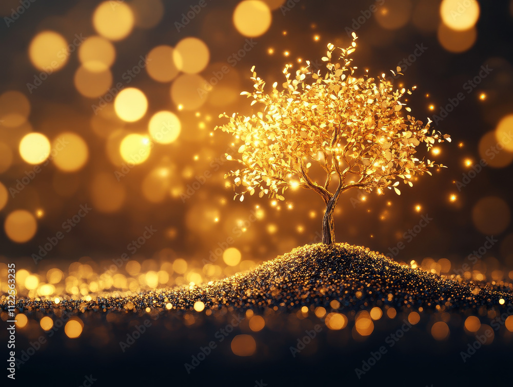 Poster golden light illuminating vibrant tree on shimmering surface, creating magical atmosphere filled wit