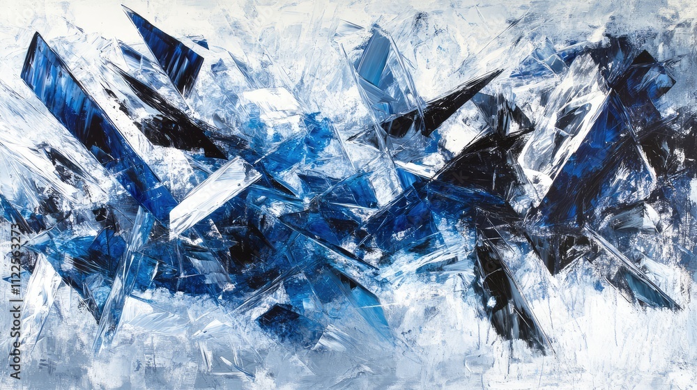 Poster a dynamic composition of shattered ice pieces with jagged edges, forming an abstract chaotic pattern