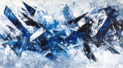 Obraz premium A dynamic composition of shattered ice pieces with jagged edges, forming an abstract chaotic pattern against a frosted surface