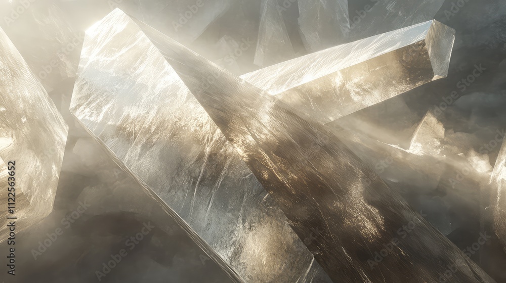 Poster a dynamic shot of intersecting cracks in the ice, with light refracting through the transparent and 