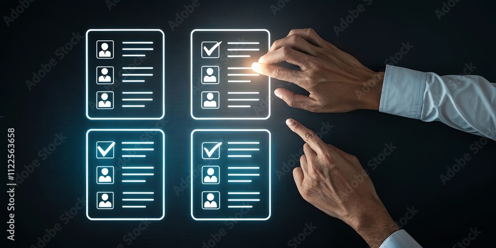 Aufkleber A person is pointing at a screen with four different people on it