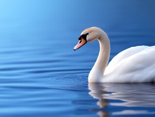 Obraz premium Serene Swan Gliding Gracefully on Calm Blue Water Background