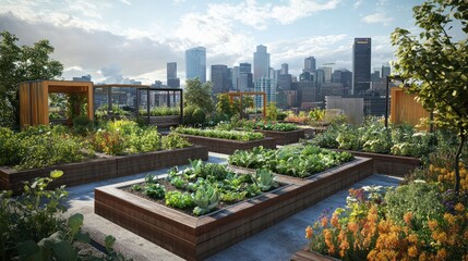 Fototapeta premium 4) An aerial view of an urban rooftop garden, with lush green vegetables, raised planter boxes, a city skyline backdrop, diverse crops, sustainable agriculture, leafy greens, modern structures, and a