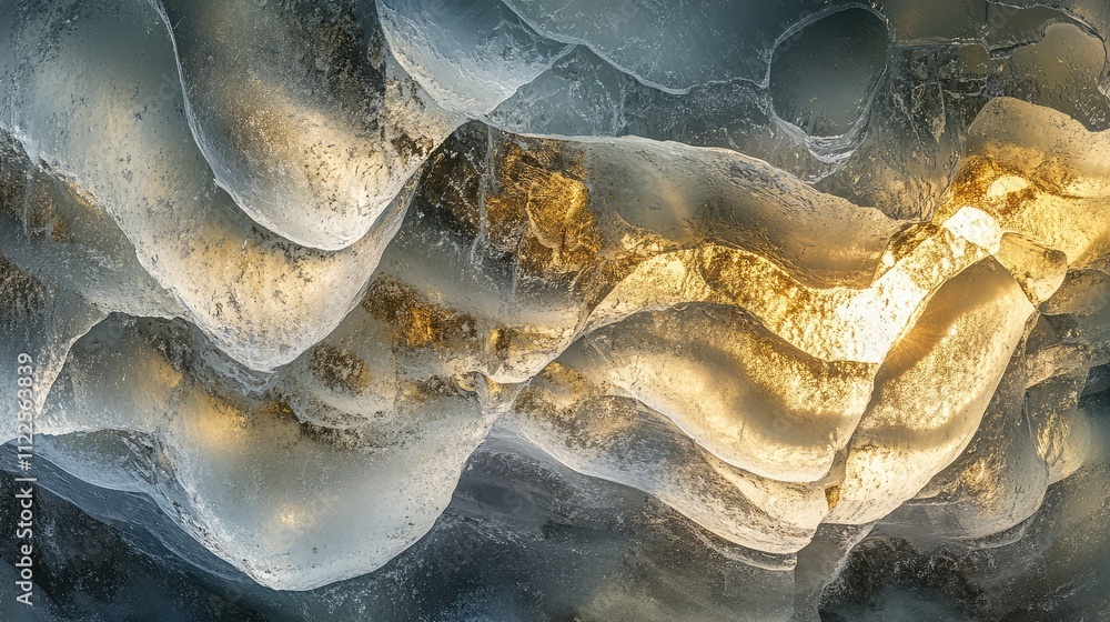 Poster a dynamic shot of intersecting cracks in the ice, with light refracting through the transparent and 