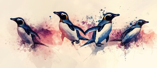 Four penguins are shown walking on a white background with colorful watercolor splatter.