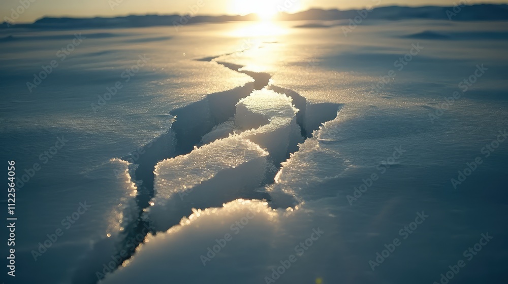 Poster a dynamic shot of intersecting cracks in the ice, with light refracting through the transparent and 