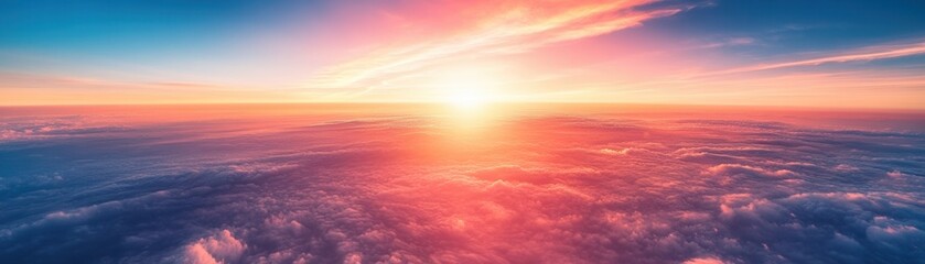 Obraz premium A breathtaking view of a vibrant sunrise above fluffy clouds, showcasing a stunning gradient of colors in the sky.