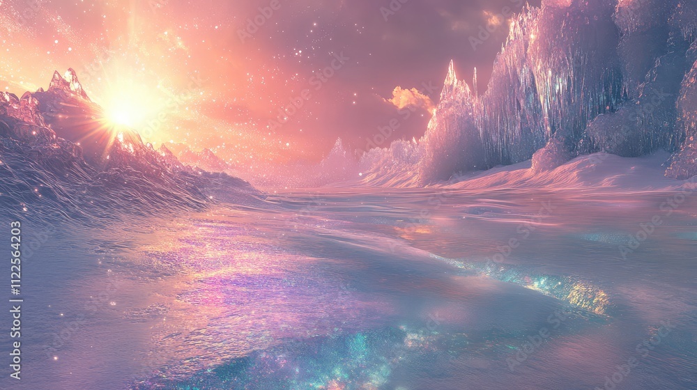 Poster a frozen expanse with sunlight refracting through layers of clear ice, creating a spectrum of light 