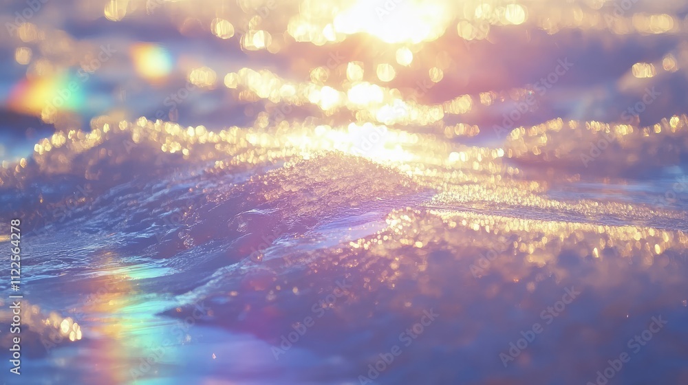 Poster a frozen expanse with sunlight refracting through layers of clear ice, creating a spectrum of light 