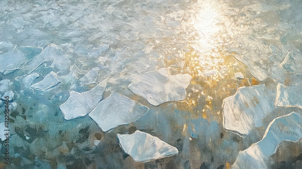 Aufkleber a frozen pond reflecting sunlight, with smooth patches glistening and fractured areas diffusing ligh