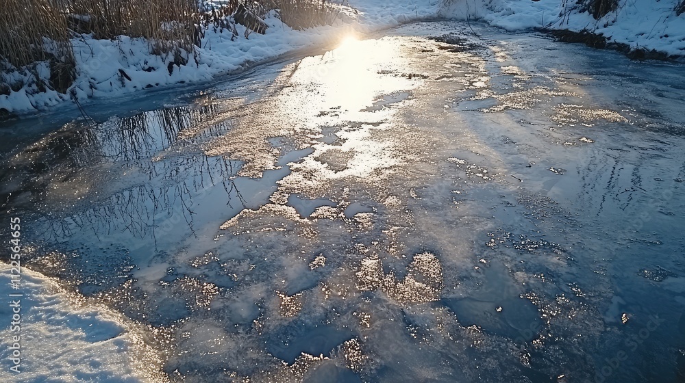 Aufkleber a frozen pond reflecting sunlight, with smooth patches glistening and fractured areas diffusing ligh