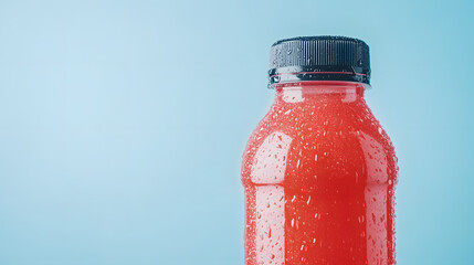 Bright sports drink bottle with condensation on blue background
