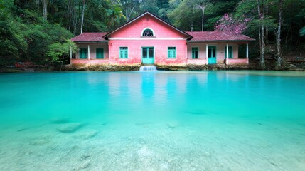 Obraz premium Tranquil Pink House by Turquoise Waterfall Lush Forest Scene