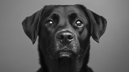 Fototapeta premium Close-up black and white portrait of a black Labrador Retriever dog looking directly at the camera.