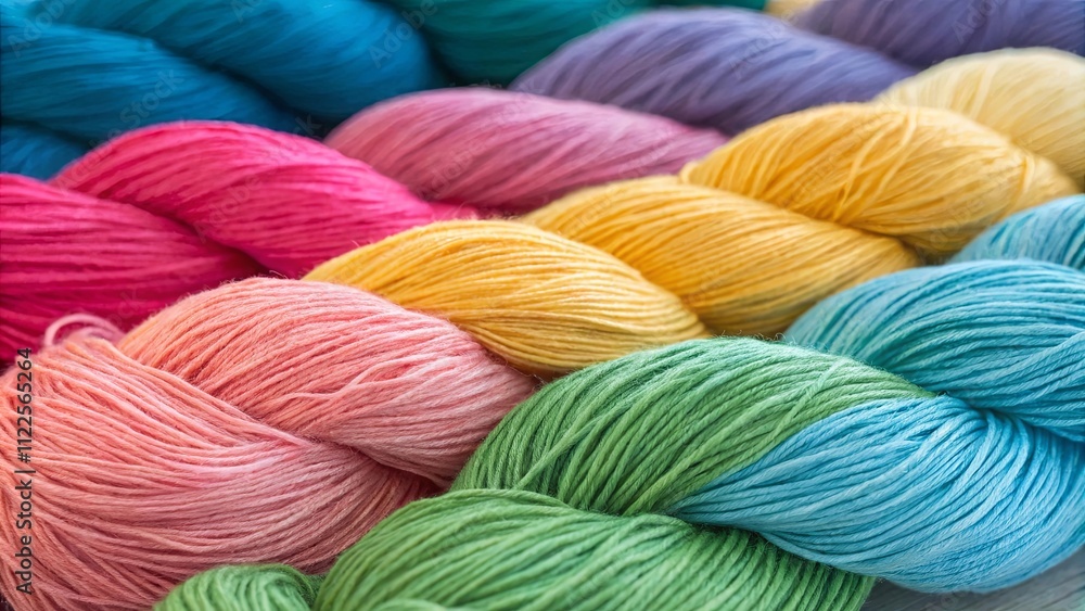 Poster A bunch of colorful yarn is displayed in a row