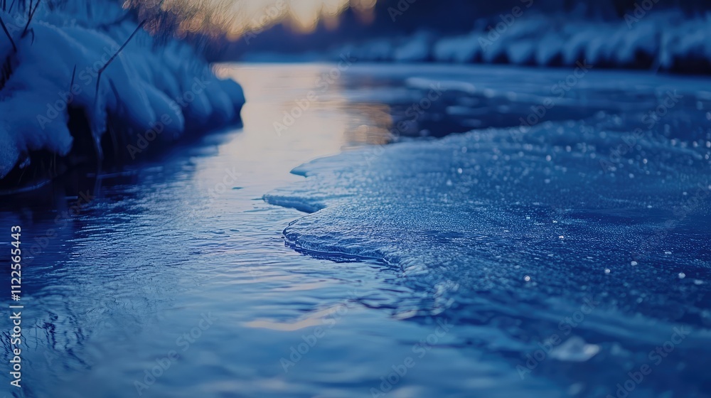 Poster a frozen river at twilight, with smooth ice reflecting the cool tones of the evening sky and frosty 