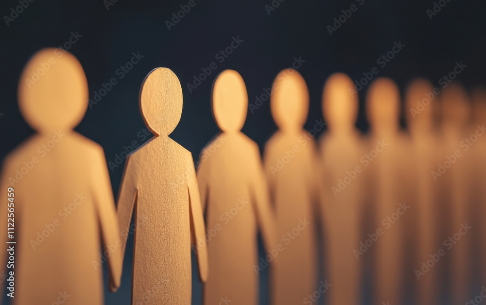 Poster row of paper cut out figures holding hands, symbolizing unity and connection. soft lighting enhances