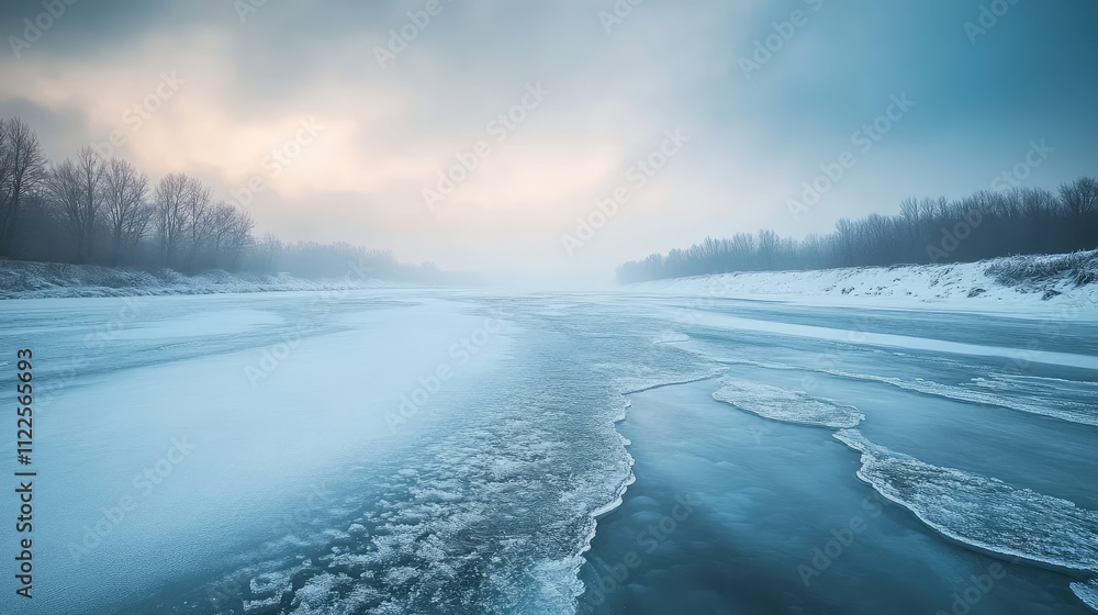 Poster a frozen river with a mix of smooth and textured ice, showcasing patterns of frost and snowflakes un