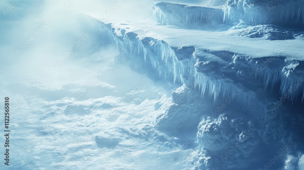 Poster a frozen river with layered ice sheets, showing fractures and frost-covered edges, illuminated by di