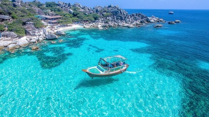 Obraz premium Tropical Island Getaway Boat Tour Turquoise Water Rocky Coastline