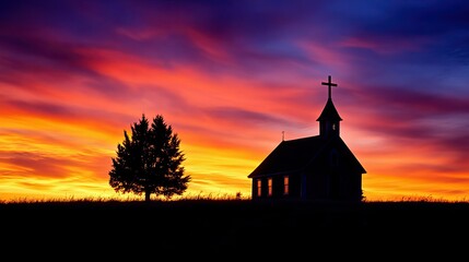 Fototapeta premium A sunset sky behind a silhouette of a cross on top of a church, symbolizing Christian faith and devotion.