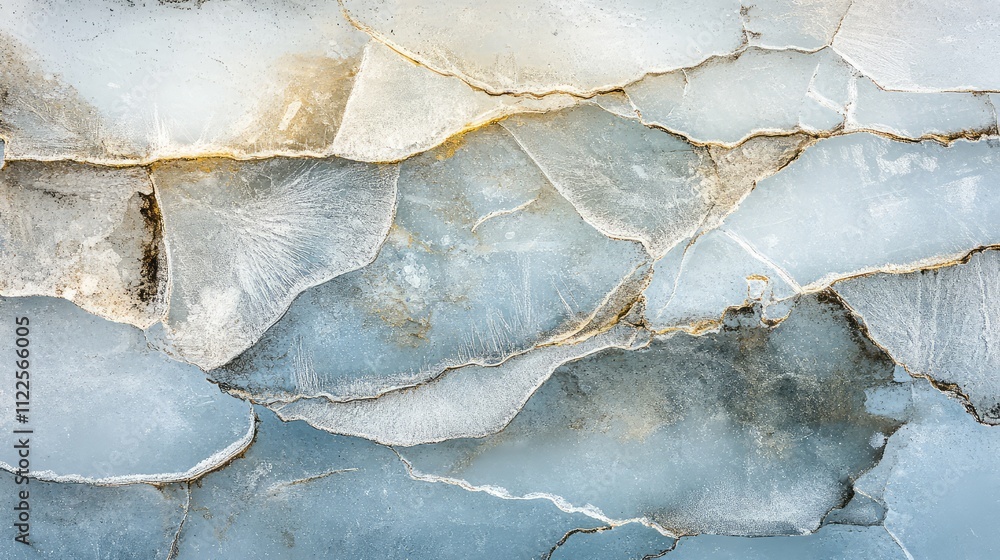 Poster a frozen river with layered ice sheets, showing fractures and frost-covered edges, illuminated by di