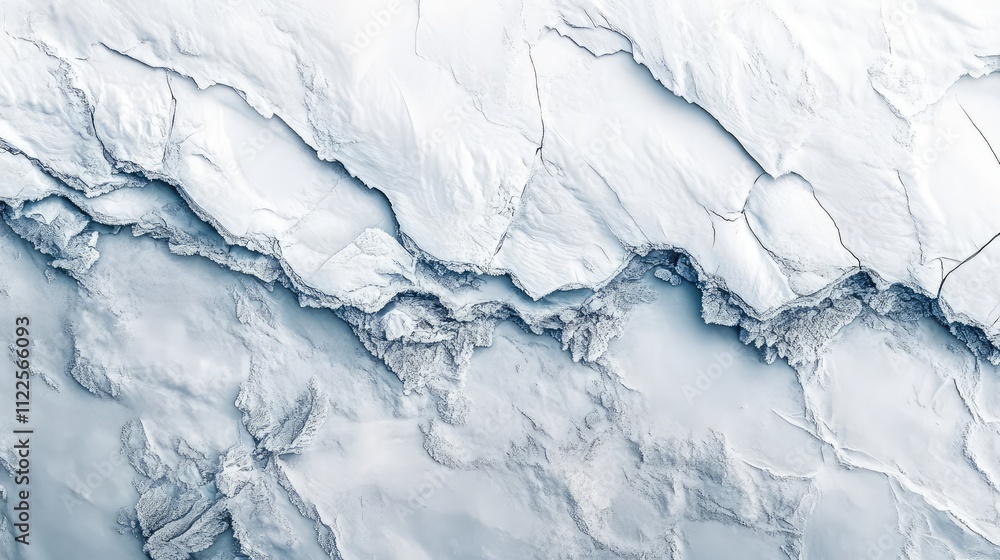 Poster a frozen river with layered ice sheets, showing fractures and frost-covered edges, illuminated by di