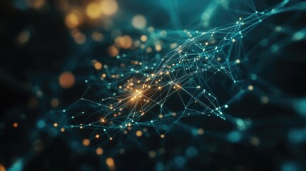 Abstract technology background of a quantum computing system with a cyber network grid and connected particles. Artificial neurons, global data connections -