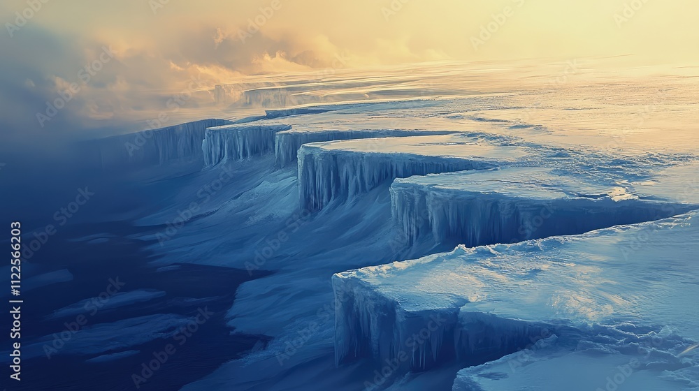 Poster a frozen river with layered ice sheets, showing fractures and frost-covered edges, illuminated by di