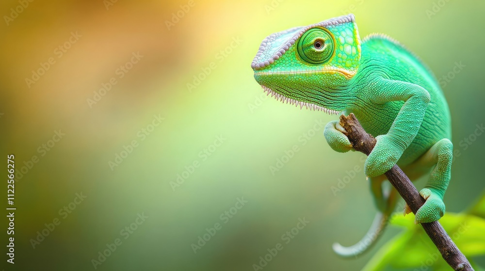 Poster a vibrant green chameleon perched on a thin branch, blending into a blurred natural background with 