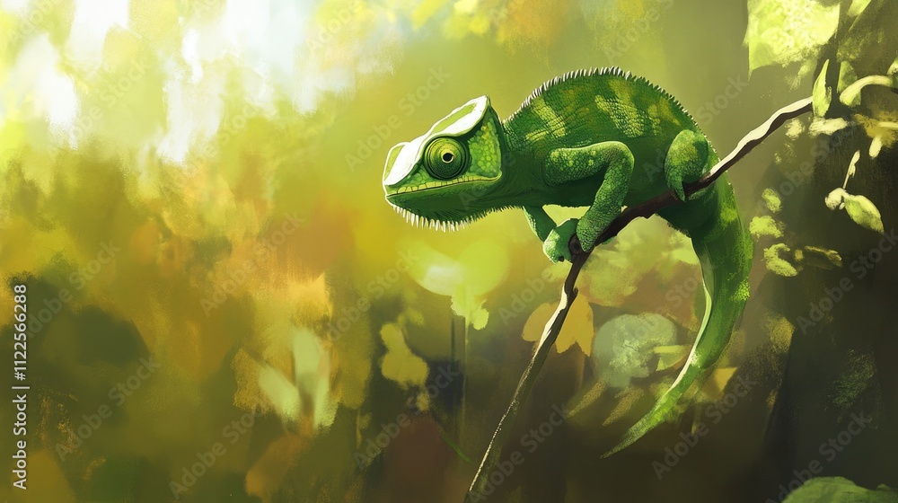 Poster a vibrant green chameleon perched on a thin branch, blending into a blurred natural background with 