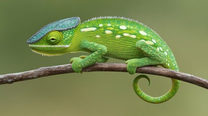 Fototapeta premium A vibrant green chameleon perched on a thin branch, blending into a blurred natural background with ample copy space for text or design.