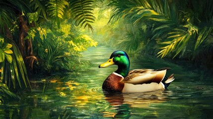 Obraz premium A vibrant male mallard duck gracefully swimming in a calm pond, surrounded by lush green water and foliage, creating a peaceful natural scene.