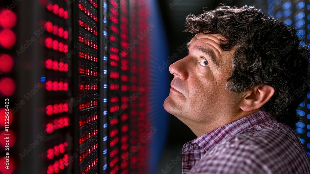 Aufkleber man examining server room data center network lights cybersecurity