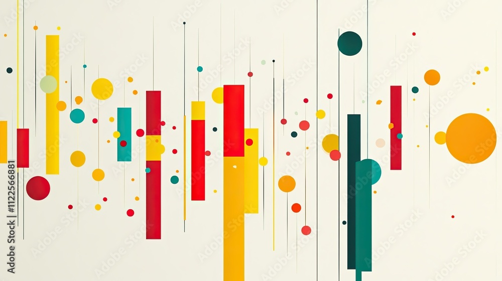 Poster abstract data visualization with colorful bars and dotted lines, floating over a neutral background,