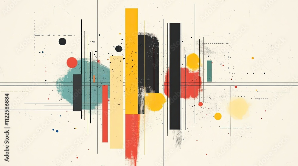 Poster abstract data visualization with colorful bars and dotted lines, floating over a neutral background,