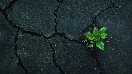 Fototapeta premium A small green plant emerges from a cracked asphalt surface, symbolizing resilience, hope, and the power of life to thrive even in harsh conditions.