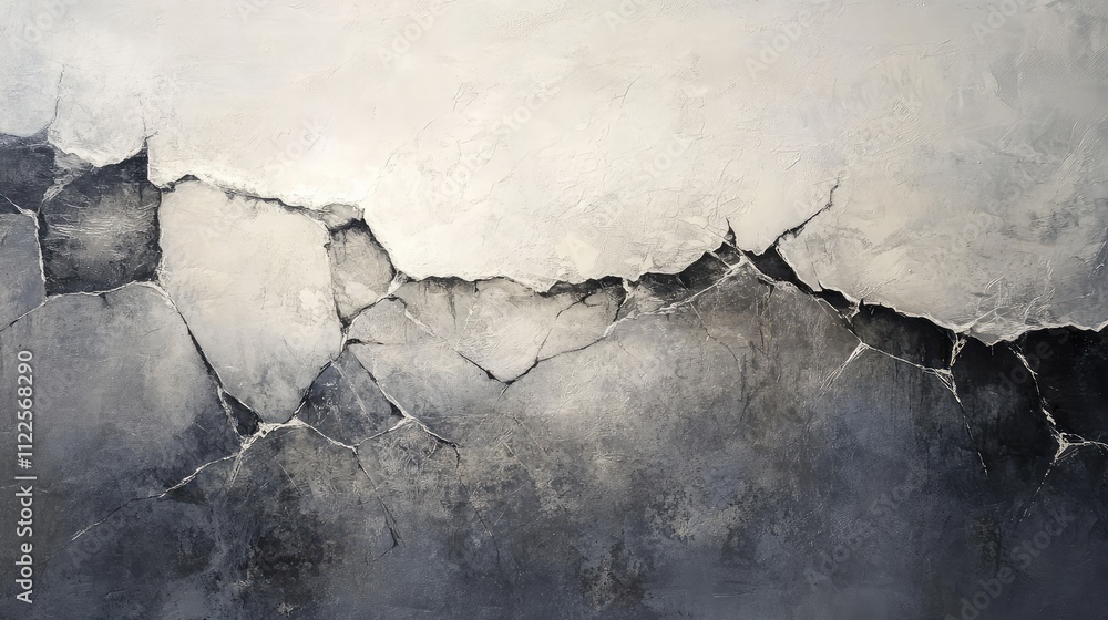 Poster a frozen surface with large, bold cracks forming abstract lines and angular patterns under a frosty,