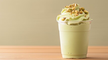 Pistachio ice cream in a clear cup, garnished with crushed pistachios on ustic wooden table, copy space