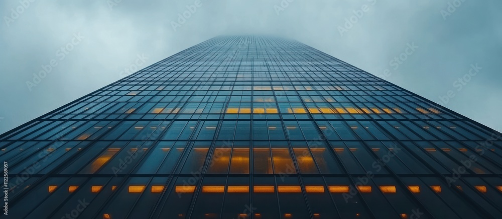 Poster low angle view of a skyscraper with glowing windows against a cloudy sky.