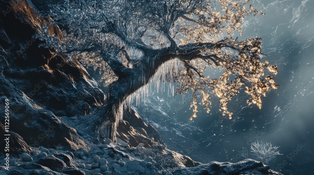 Poster a frozen tree adorned with icy formations, with branches encased in a translucent layer of ice that 