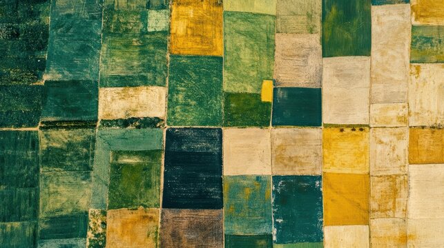 Aerial view of farmland with fields in different colors including green brown and yellow creating a patchwork effect