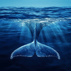 Naklejka premium A close-up view of a blue whale's massive tail as it dives into the ocean, with rippling water and a serene blue gradient in the background 
