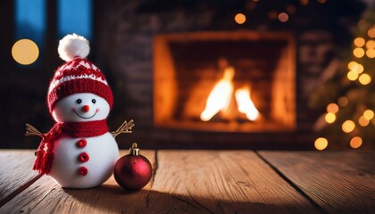 冬の室内、木製のテーブルに赤いクリスマスオーナメントと雪だるまのミニチュアが置かれ、背景にはぼんやりとした暖炉の光が温かな雰囲気を作り出しています。

