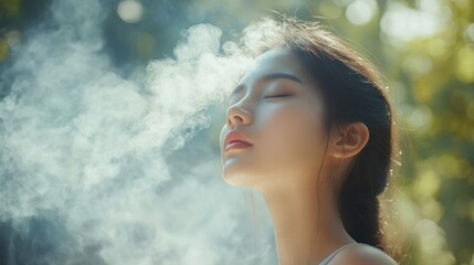 Asian woman doing breathing exercise before practice yoga.Healthy female inhaling and exhaling to deep breath exercise for control and balance life with yoga meditation decrease stress, relax her min