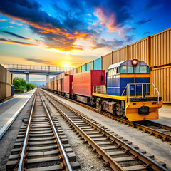 Obraz premium A freight train loading dock featuring cranes, containers, and workers, bustling