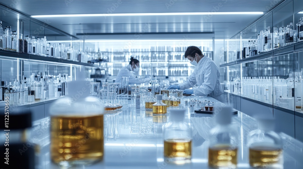 Poster two scientists in lab coats and masks conduct experiments in a modern, sterile laboratory with numer