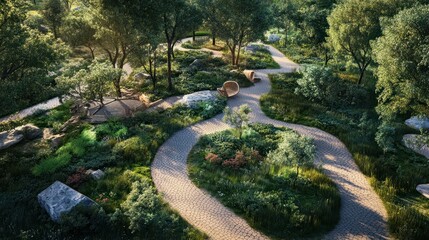 Bird's eye perspective of a verdant woodland with a serpentine path, highlighting the splendor of nature and sustainable principles through an esg approach